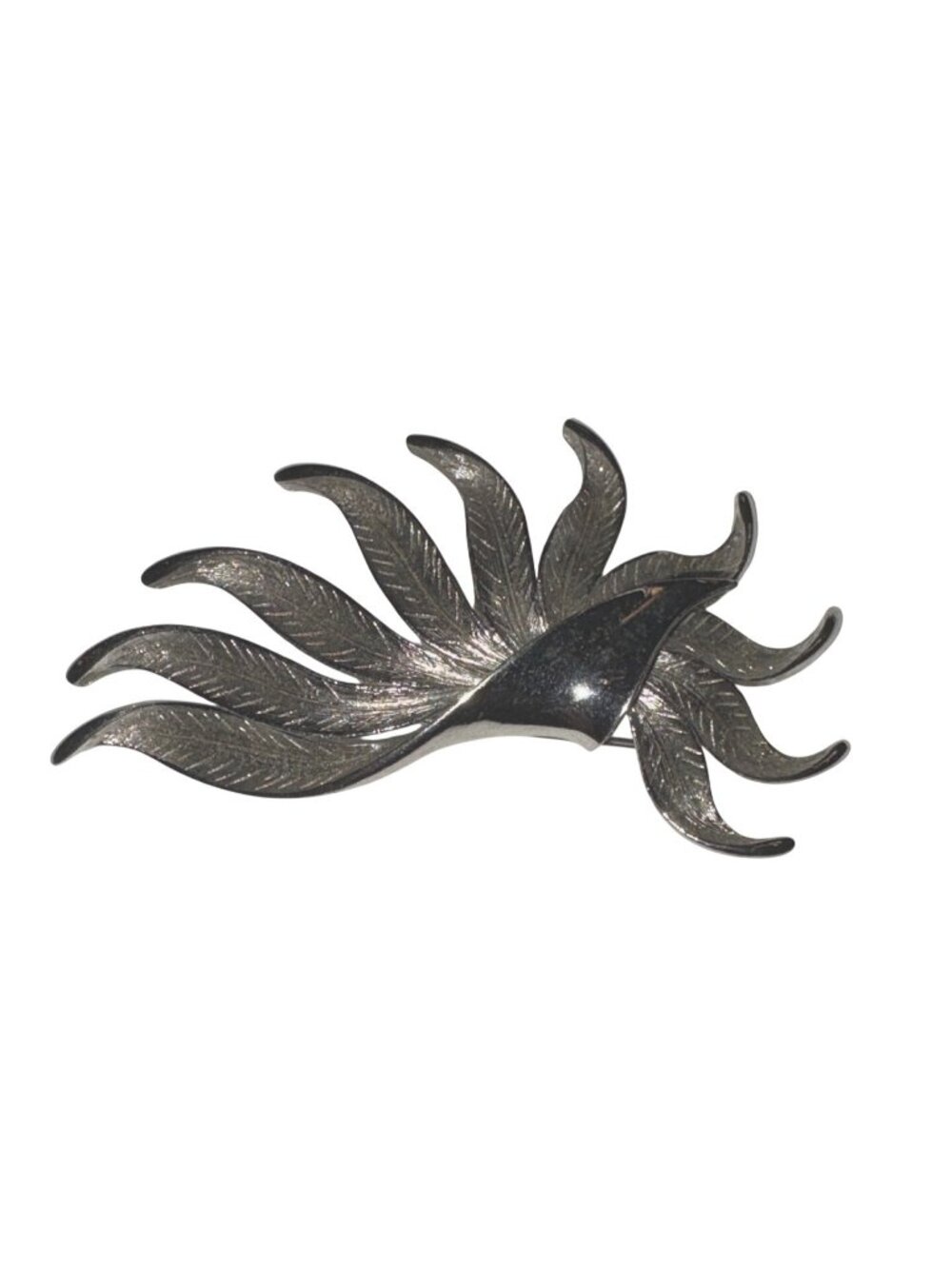 Vintage Silver-Tone Leaf Brooch Pin With Textured & Polished Details Retro State - Picture 2 of 10
